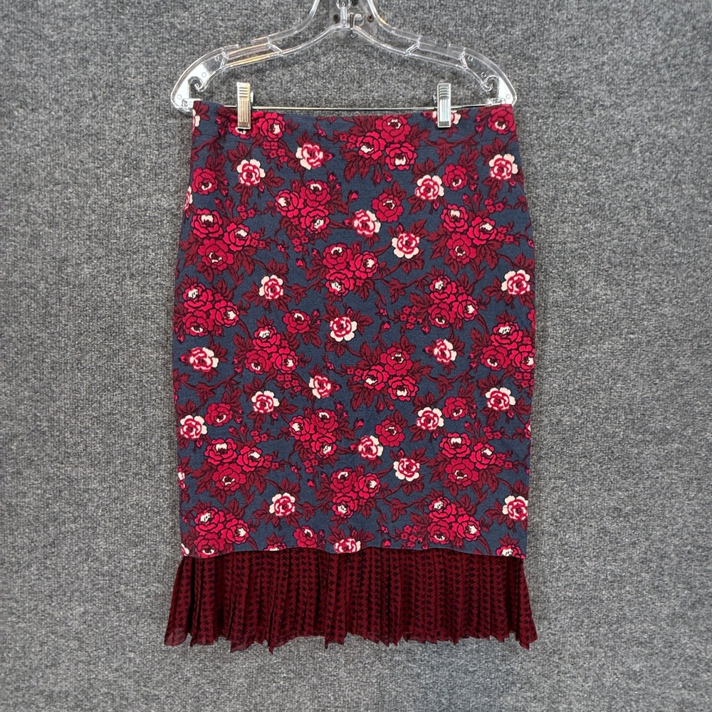 Maeve Skirt Women 8 Red Floral Pleated Pencil Hem Houndstooth Anthropologie